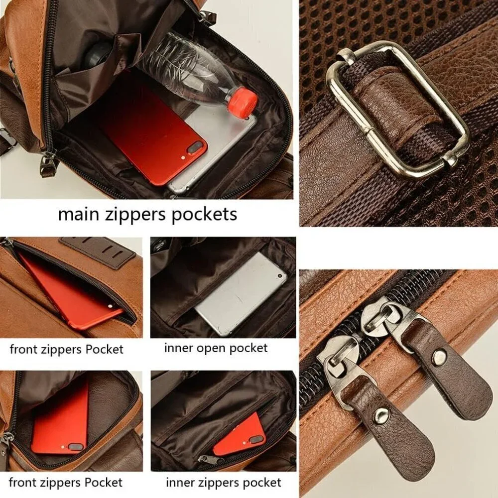 💫 Men Brown Vintage Leather Sling Crossbody Chest Backpack Travel Bags